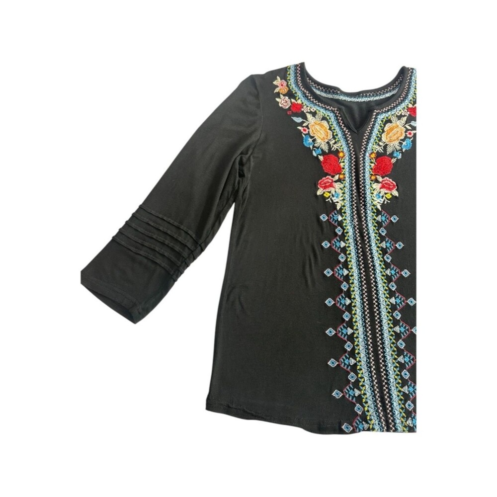 Embroidered Boho Top Black Floral Stitching Soft Stretch Blouse M - Picture 4 of 7